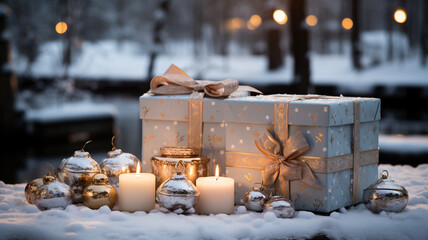 Colourful Christmas presents in a winter landscape with bokeh lighting.