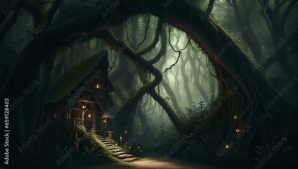 Poster an enchanted forest glade with a mystical ambiance- ai generative