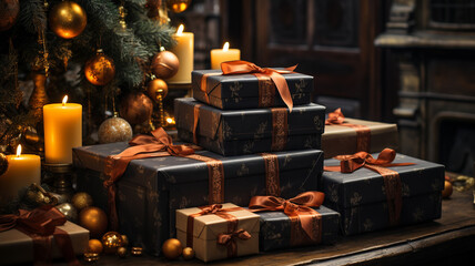 Christmas presents on a wooden surface with bokeh lighting in the background.