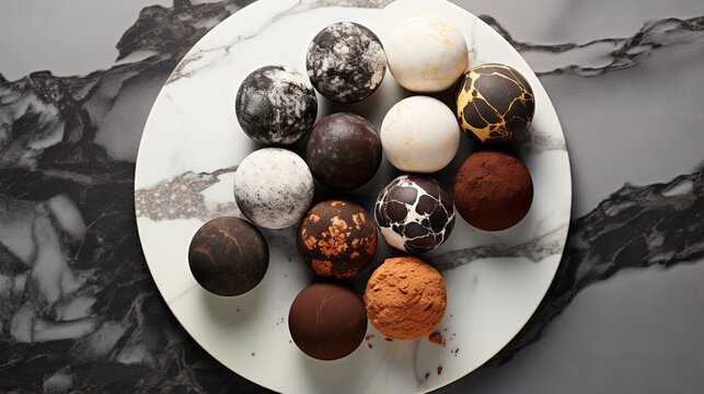 a white plate topped with different types of chocolates on top of a marble counter.  generative ai