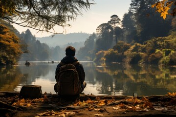 A serene moment of reflection as a traveler enjoys a quiet morning by a tranquil lake, with mist rising from the water and a sense of peace