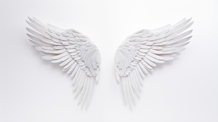  a pair of white angel wings on a white background with space for text.  generative ai