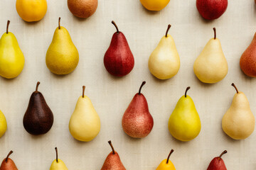 Autumn food pattern with yellow and red pears on linen 