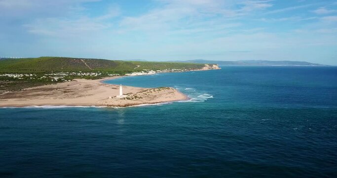 Faro de Trafalgar, aerial view of the lighthouse at a sandy headland with dunes between Los Ca&ntilde;os de Meca and Zahora, Conil de la Frontera, Vejer de la Frontera, Costa de la Luz, Andalusia, Spain	