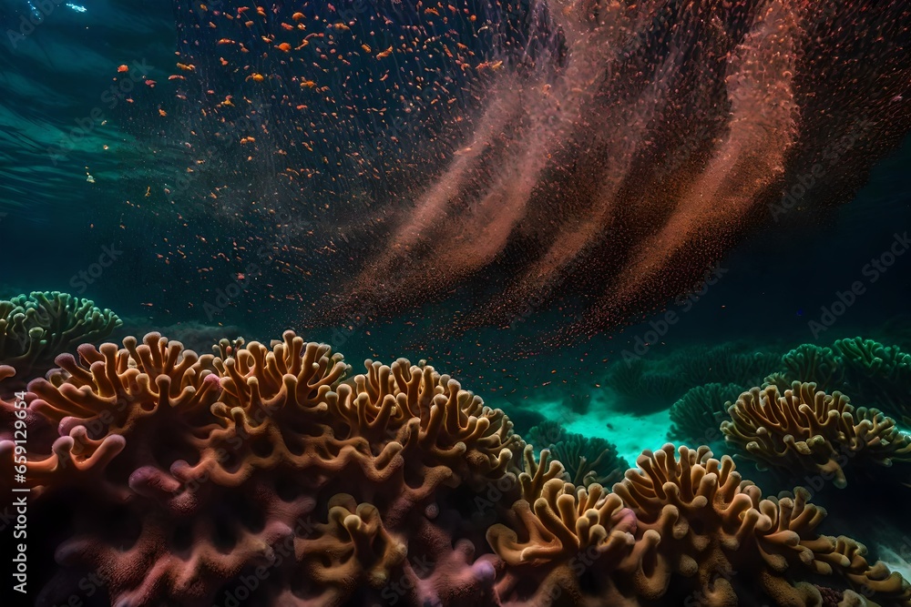 Poster a rare and mesmerizing event of coral spawning - ai generative