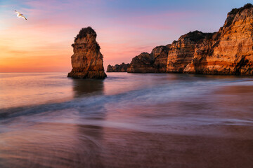 Amazing scene of dona ana beach algarve portugal with amazing rock formation.