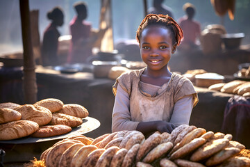 Happy African girl helps bake bread, the importance of staple foods on the Dark Continent, the concept of fighting hunger. - obrazy, fototapety, plakaty