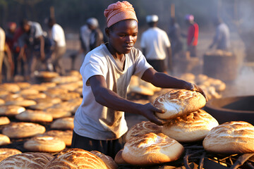 African baker on the city streets at the counter with bread, the concept of food availability for all, stopping hunger in developing countries - obrazy, fototapety, plakaty