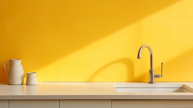 A yellow kitchen with a white countertop