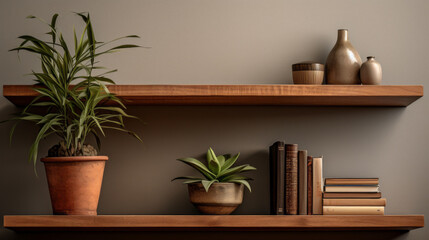A wooden shelf is lined with books of various sizes and colors with a large houseplant in the corner