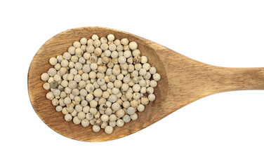 White peeper in wooden spoon isolated on white, top view