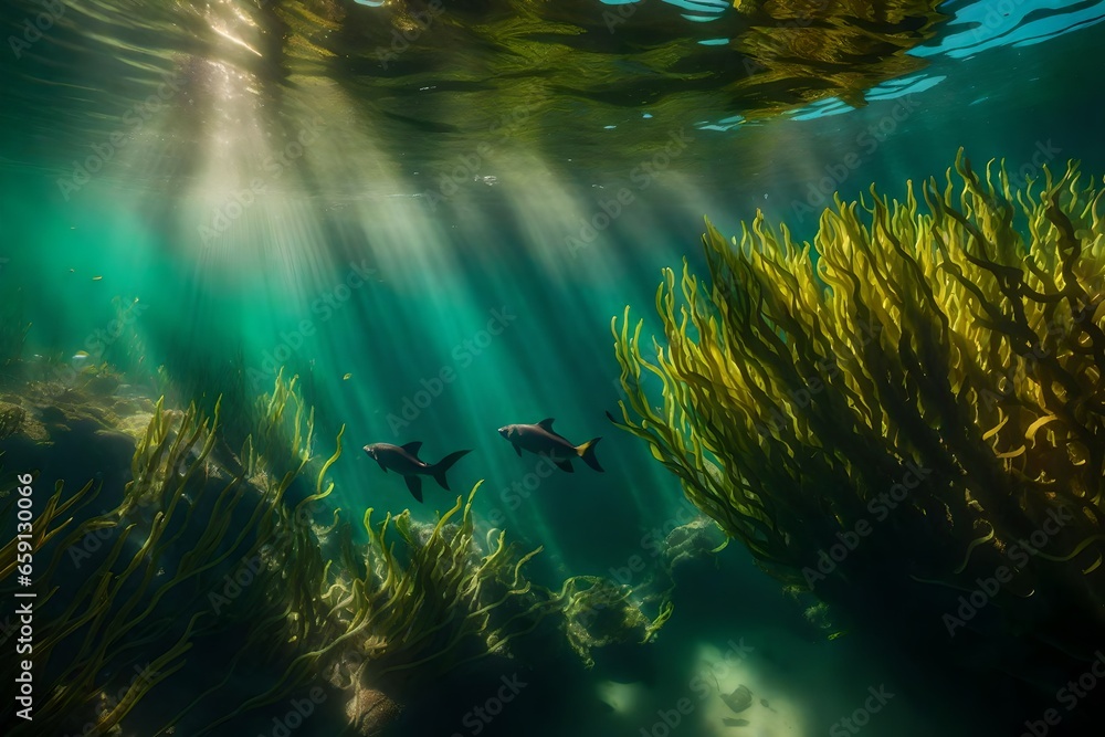 Poster a lush underwater kelp forest with sunlight filtering through the water - ai generative