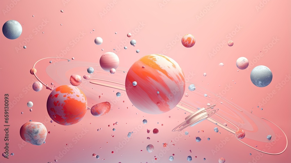 Poster a group of planets floating in the air with bubbles on them. generative ai