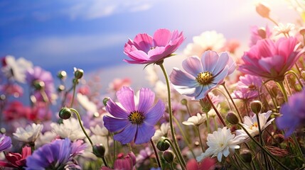  a field full of pink and white flowers under a blue sky.  generative ai