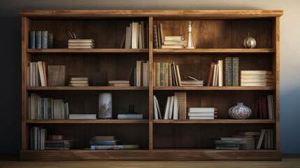 A wooden shelf with multiple shelves and books