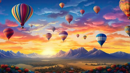 Naklejka premium a painting of hot air balloons flying over a mountain range. generative ai