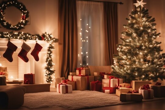Beautiful interior of a living room decorated for Christmas celebration with presents in warm cozy blurred brown tones