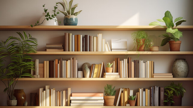 A wooden shelf with multiple shelves and books
