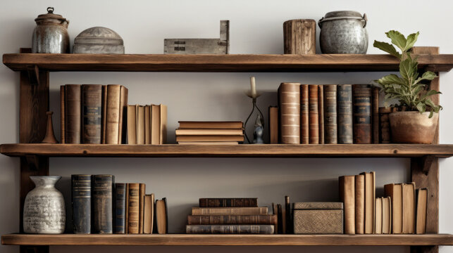 A wooden shelf with multiple shelves and books