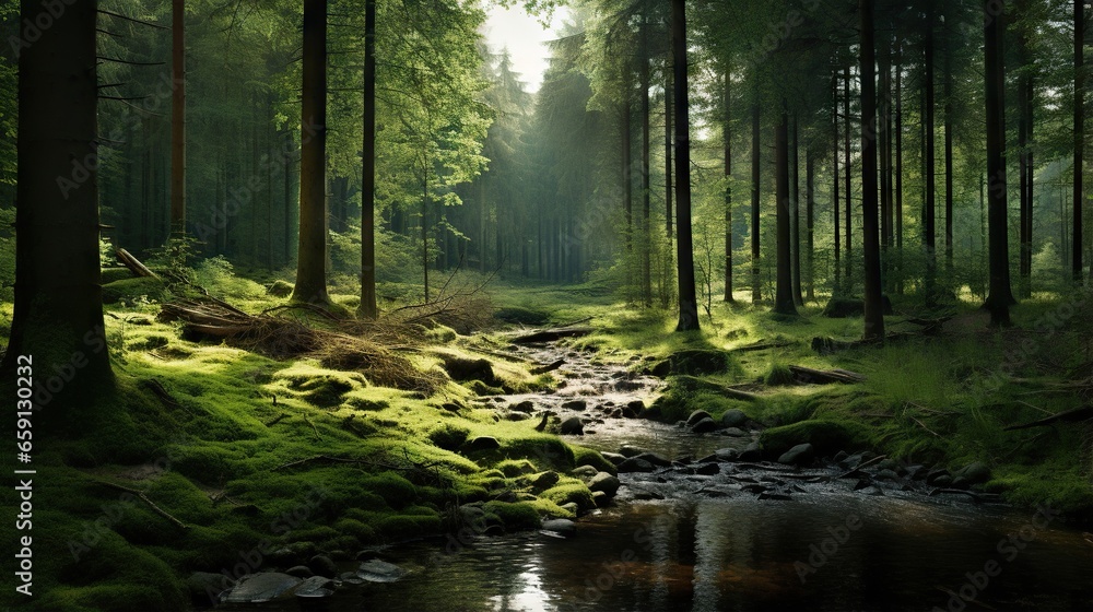 Poster a stream running through a lush green forest filled with trees. generative ai