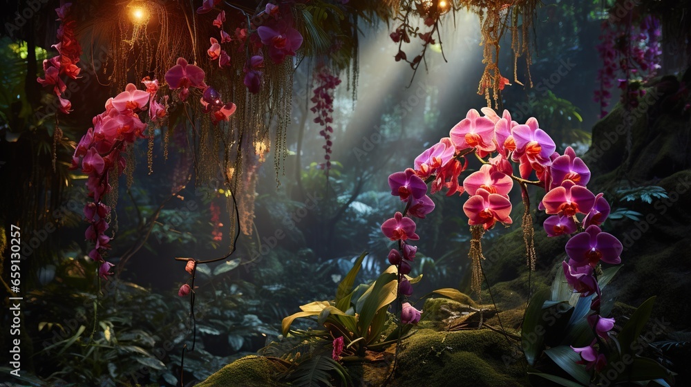 Poster a bunch of flowers that are hanging from a tree in a forest. generative ai