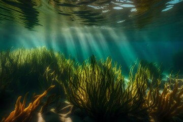 Fototapeta na wymiar A lush underwater kelp forest with sunlight filtering through the water - AI Generative