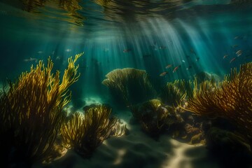 A lush underwater kelp forest with sunlight filtering through the water - AI Generative - obrazy, fototapety, plakaty