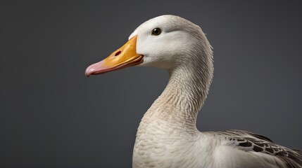  a white duck with a yellow beak standing in front of a gray background.  generative ai