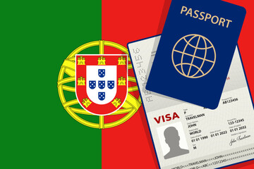 Visa to Portugal and Passport. Portuguese Flag Background. Vector illustration