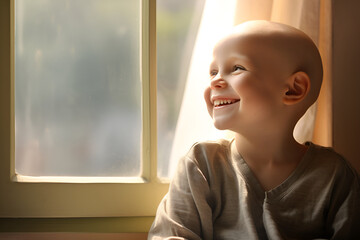 A child looks out the window in an oncology department, smiles after a course of chemotherapy, defeats the disease, World Children's Day with Cancer, recovery concept, with copy space