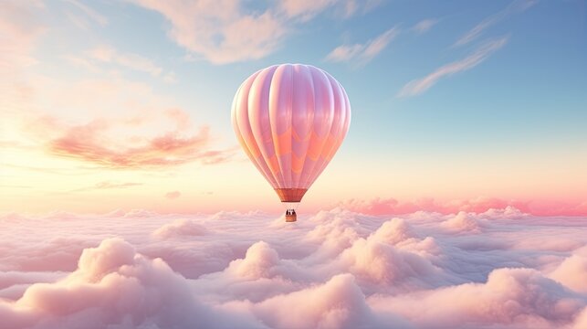  a hot air balloon flying over a cloud filled sky at sunset.  generative ai