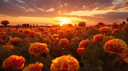  a field of flowers with the sun setting in the background.  generative ai