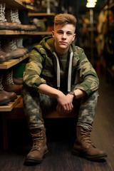 Army recruit in military shoe warehouse