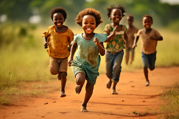 Small children run barefoot along a dirt road in Africa. Dream concept of a happy life, without hunger, child labor and access to education - obrazy, fototapety, plakaty