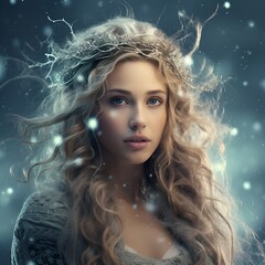 Beautiful woman surrounded by snowflakes, portrait