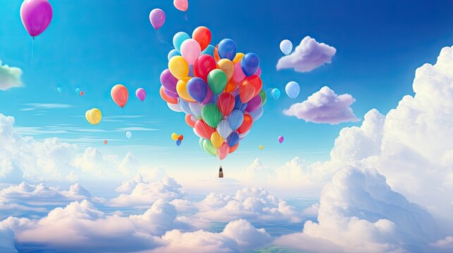  a bunch of balloons floating in the sky above the clouds.  generative ai