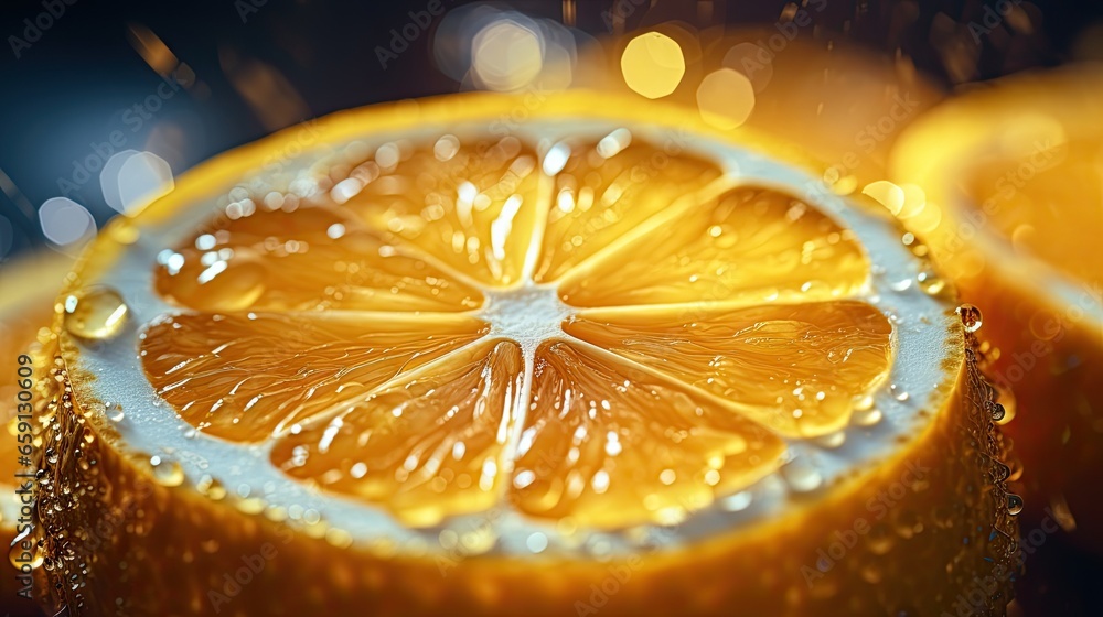 Poster a close up of a sliced orange with water droplets on it. generative ai