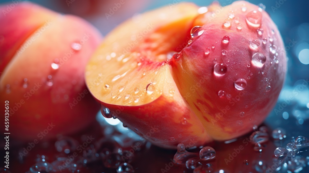 Wall mural  a close up of two peaches with water droplets on them.  generative ai