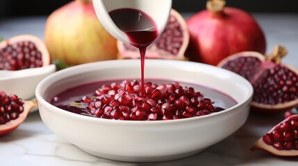 Putting flavorful pomegranate sauce in a dish.