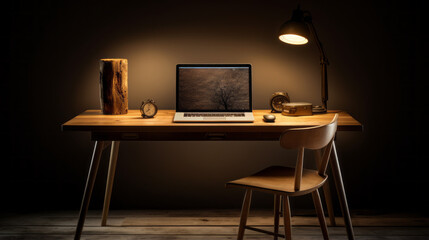 A wooden desk with four legs and a brown top with a laptop on it