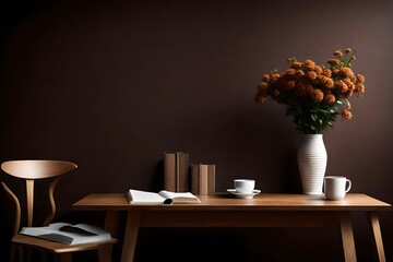 A photorealistic 3D rendering of an interior wall with a flower vase, a dark brown wall, and a wooden decorated table.