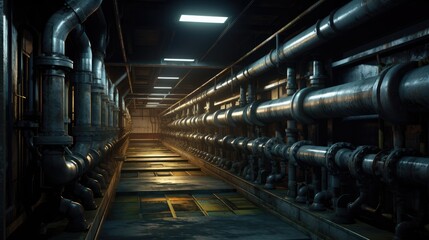 depths of an underground corridor, featuring a complex network of metal pipelines for water and gas...