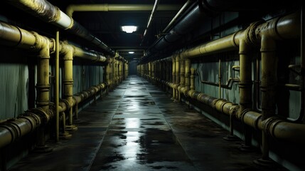 Obraz premium depths of an underground corridor, featuring a complex network of metal pipelines for water and gas transport, surrounded by an intricate web of electricity lines on the ceiling