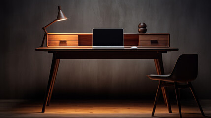 A wooden desk with four legs and a brown top with a laptop on it