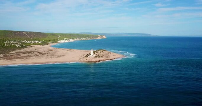 Faro de Trafalgar, aerial view of the lighthouse at a sandy headland with dunes between Los Ca&ntilde;os de Meca and Zahora, Conil de la Frontera, Vejer de la Frontera, Costa de la Luz, Andalusia, Spain