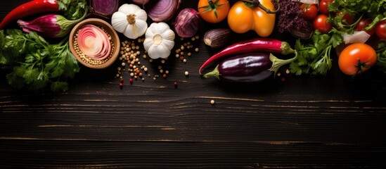 Assorted ingredients for cooking on a black background with space for text