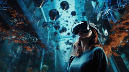Step into the future with VR glasses as a woman touches the air in a virtual world, immersing herself in a high-tech sensory experience - obrazy, fototapety, plakaty