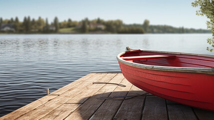 A wooden deck overlooks a lake with a bright red and white rowboat tied to a dock