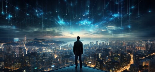  lieder business person on a rooftop with metrocity panorama in the night, global connection business concept