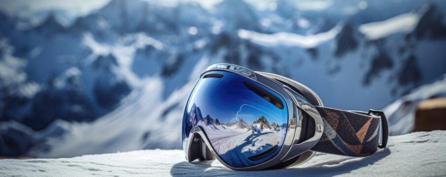 Panoramic view of ski goggles against a mountain landscape full of snow.